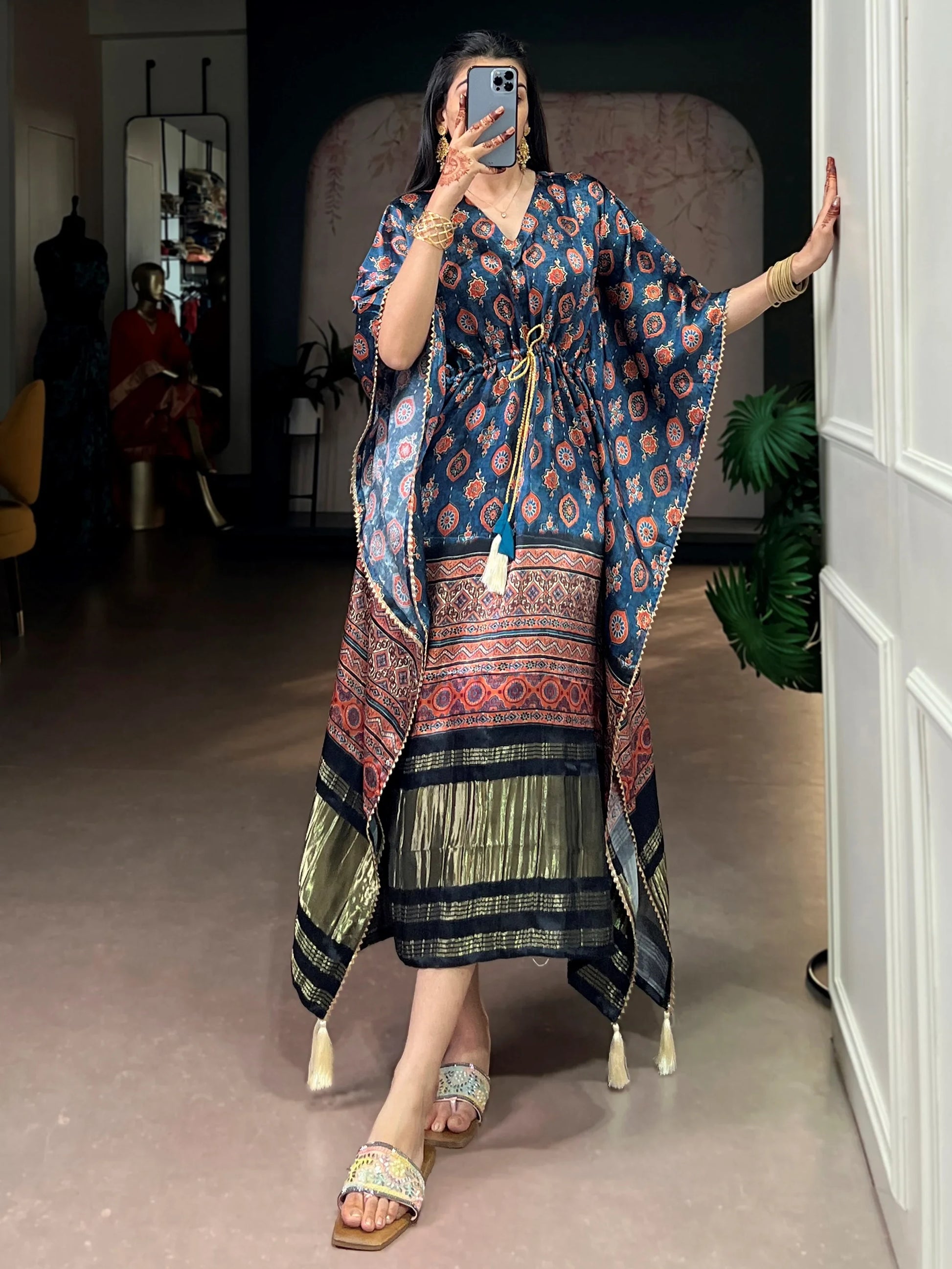 Wonderful Teal Blue Printed  Gaji Silk Event Wear Kaftan
