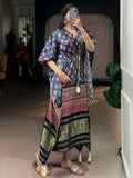 Wonderful Teal Blue Printed  Gaji Silk Event Wear Kaftan