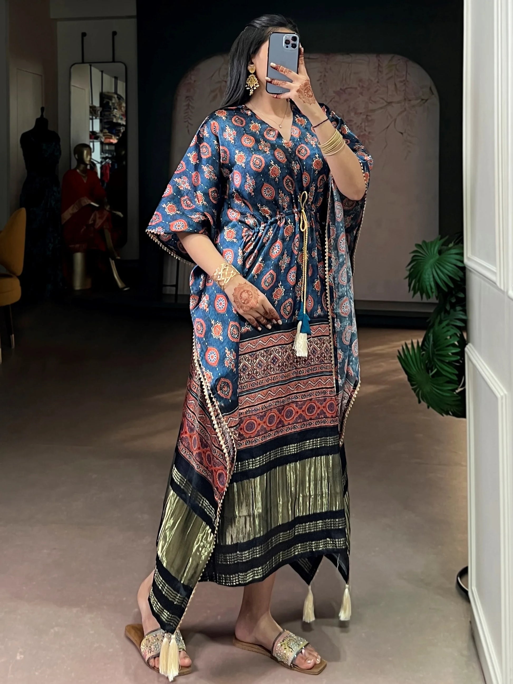 Wonderful Teal Blue Printed  Gaji Silk Event Wear Kaftan