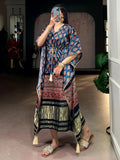 Wonderful Teal Blue Printed  Gaji Silk Event Wear Kaftan