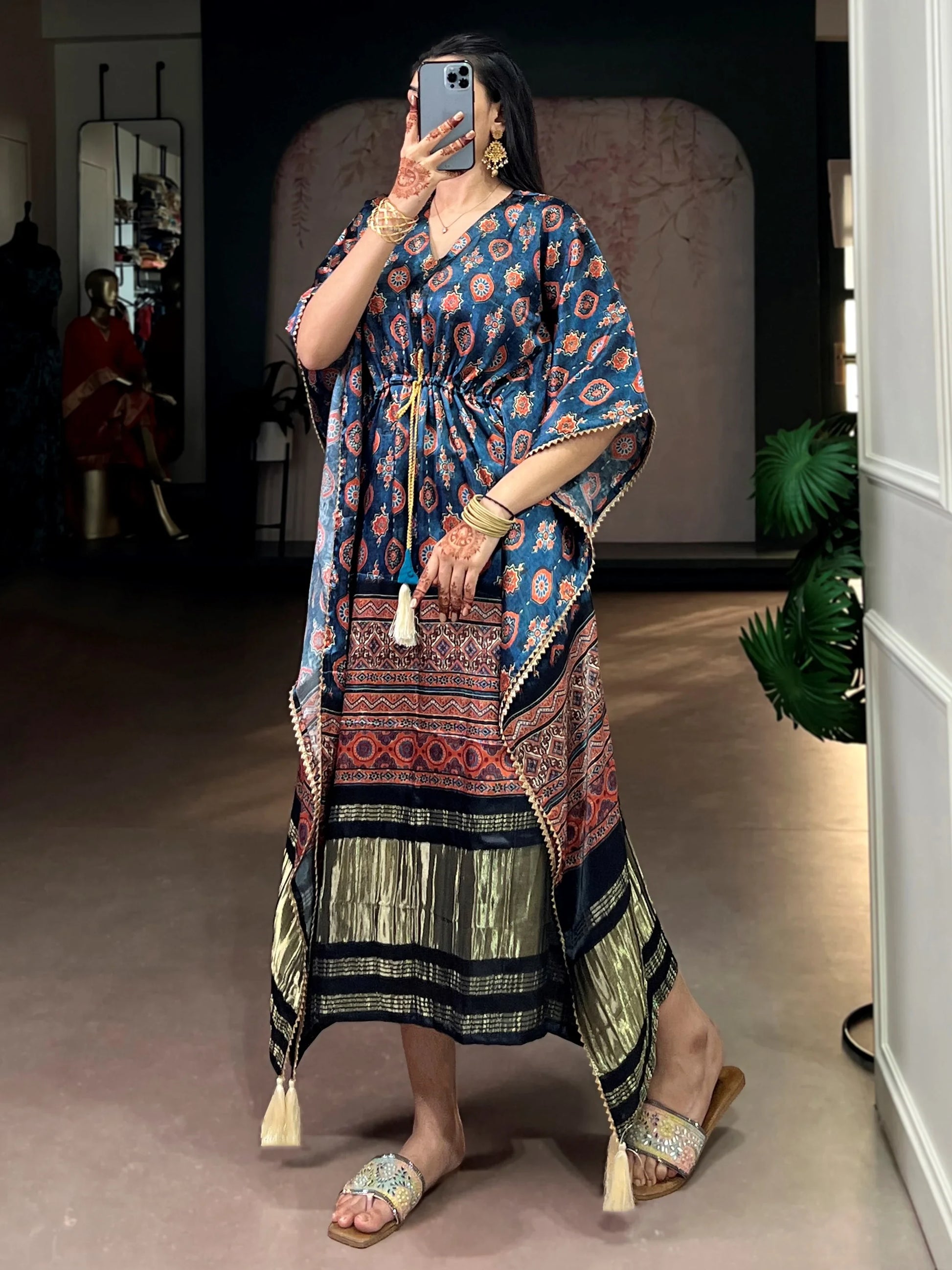Wonderful Teal Blue Printed  Gaji Silk Event Wear Kaftan