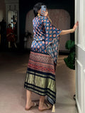 Wonderful Teal Blue Printed  Gaji Silk Event Wear Kaftan