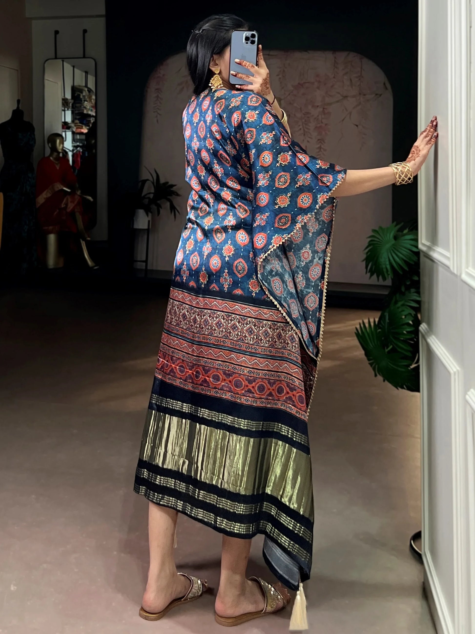 Wonderful Teal Blue Printed  Gaji Silk Event Wear Kaftan
