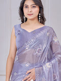 Amazing Purple Sequins Organza Silk Festive Wear Saree With Blouse