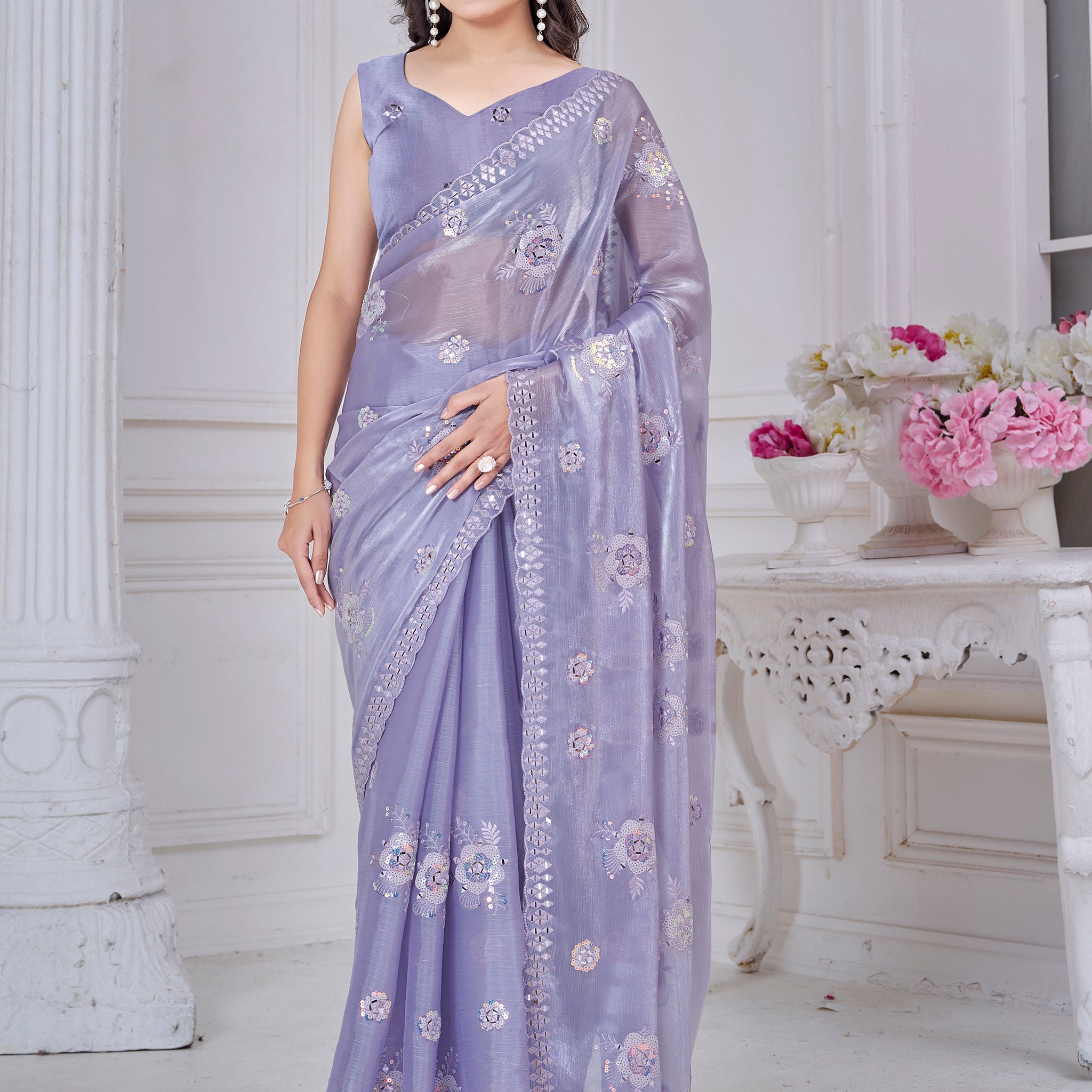 Amazing Purple Sequins Organza Silk Festive Wear Saree With Blouse