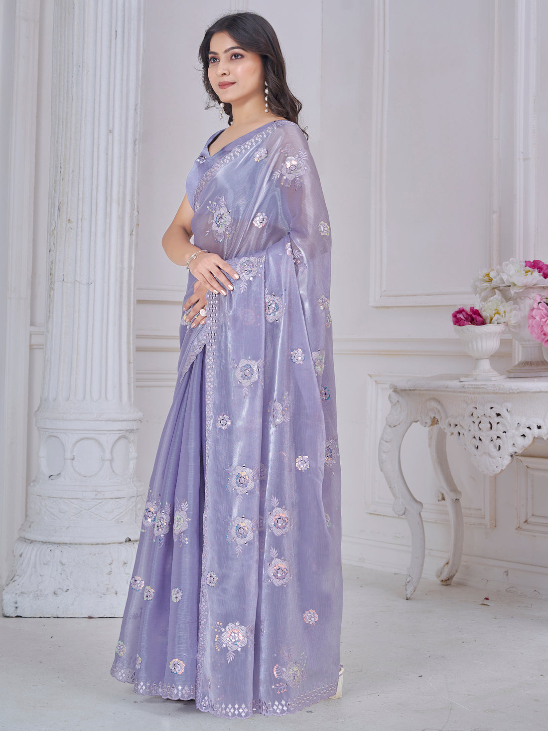 Amazing Purple Sequins Organza Silk Festive Wear Saree With Blouse