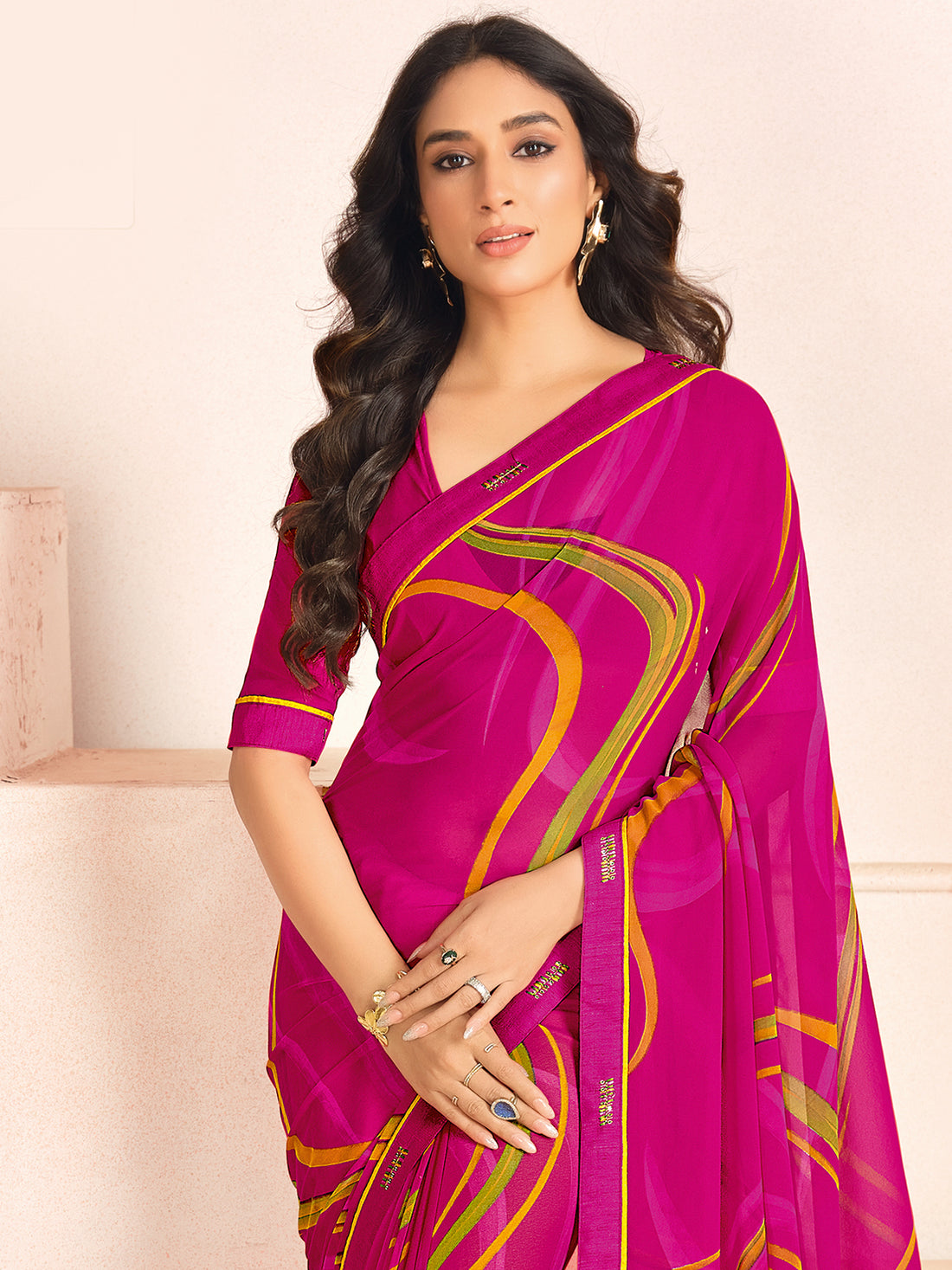 Pretty Pink Digital Printed Georgette Office Wear Saree With Blouse