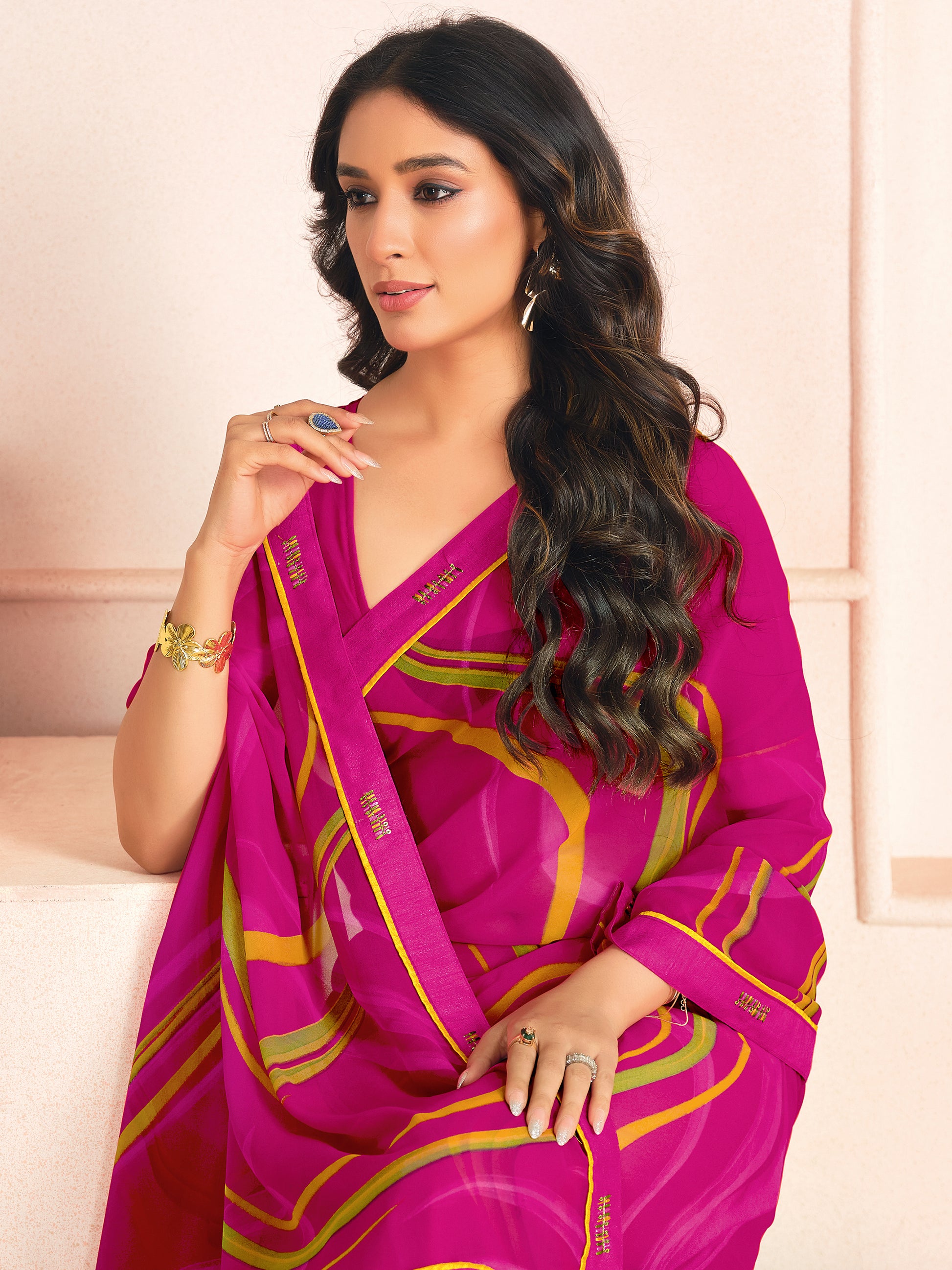 Pretty Pink Digital Printed Georgette Office Wear Saree With Blouse