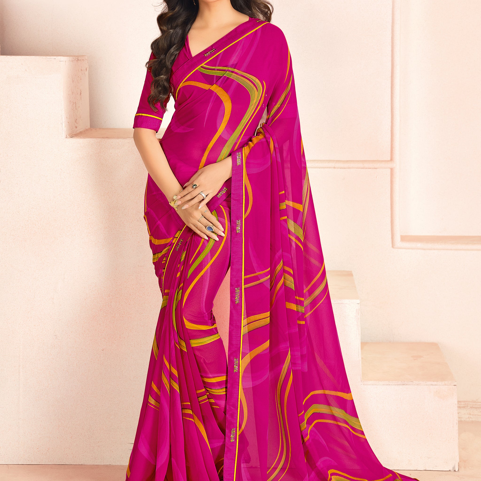 Pretty Pink Digital Printed Georgette Office Wear Saree With Blouse