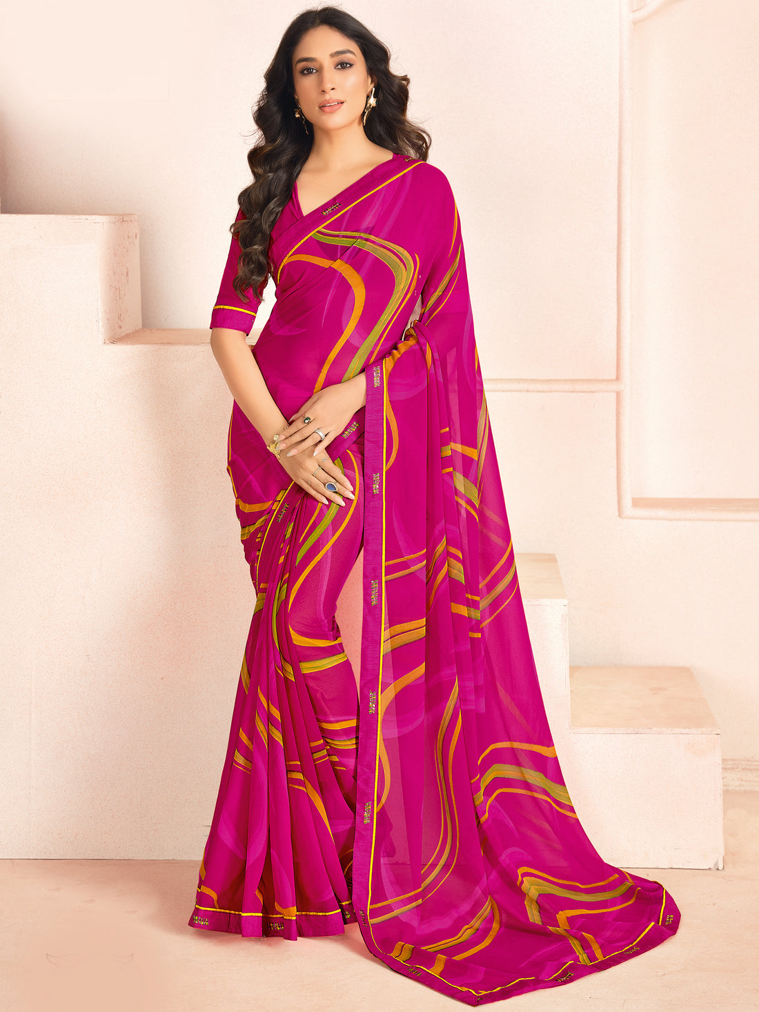 Pretty Pink Digital Printed Georgette Office Wear Saree With Blouse