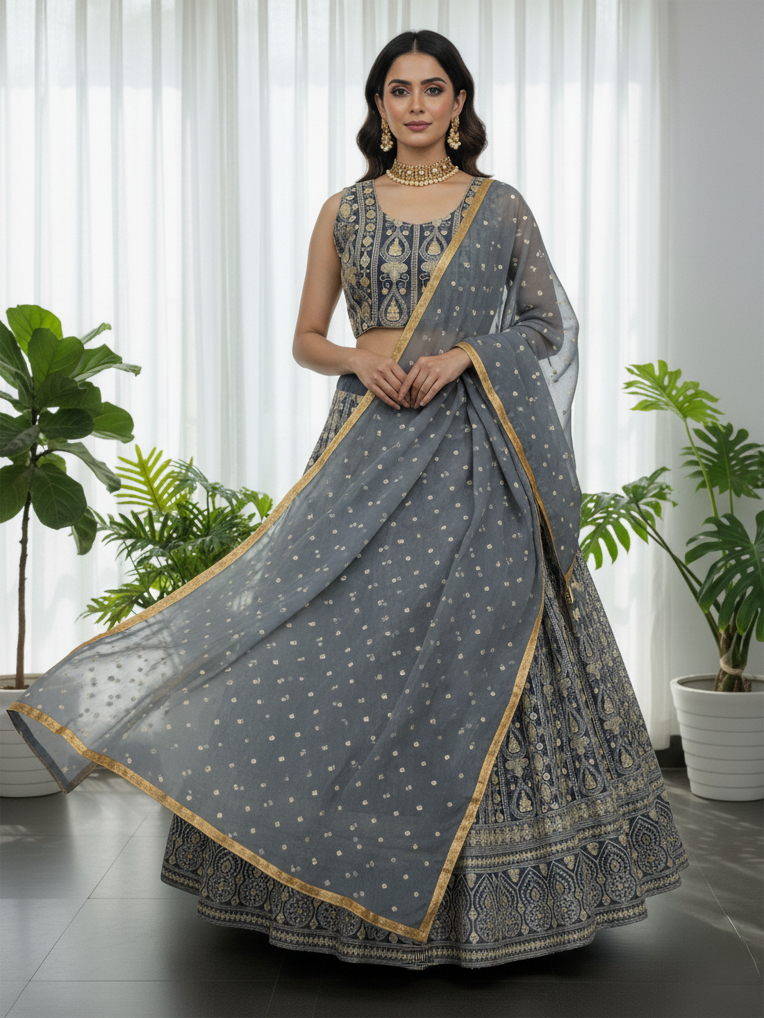 Fascinate Grey Gota Work Georgette Engagement Wear Lehenga Choli
