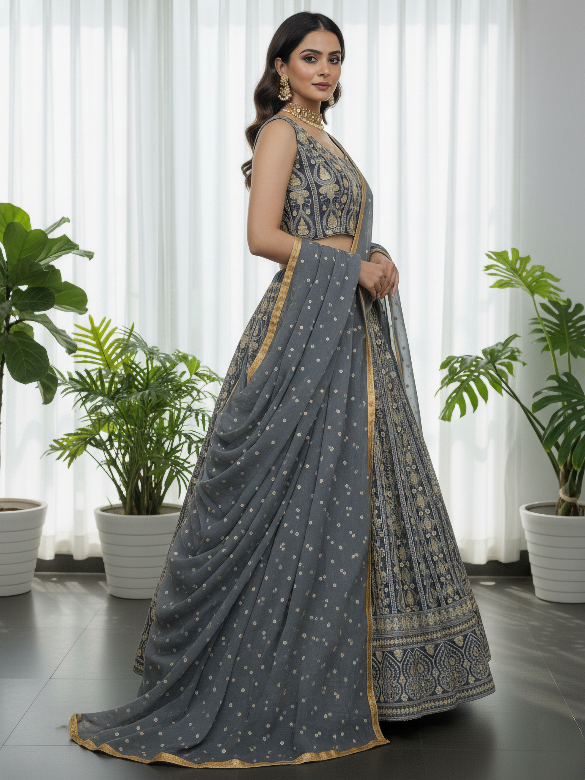 Fascinate Grey Gota Work Georgette Engagement Wear Lehenga Choli