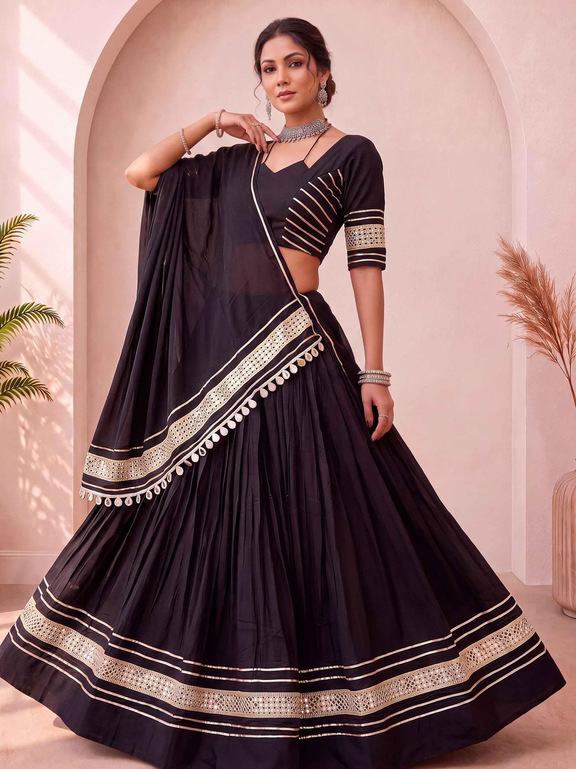 Attractive Black Mirror Lace Work Cotton Navratri Wear Lehenga Choli