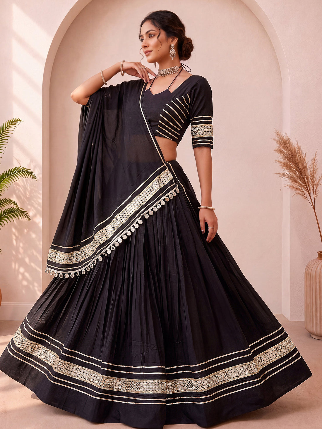 Attractive Black Mirror Lace Work Cotton Navratri Wear Lehenga Choli