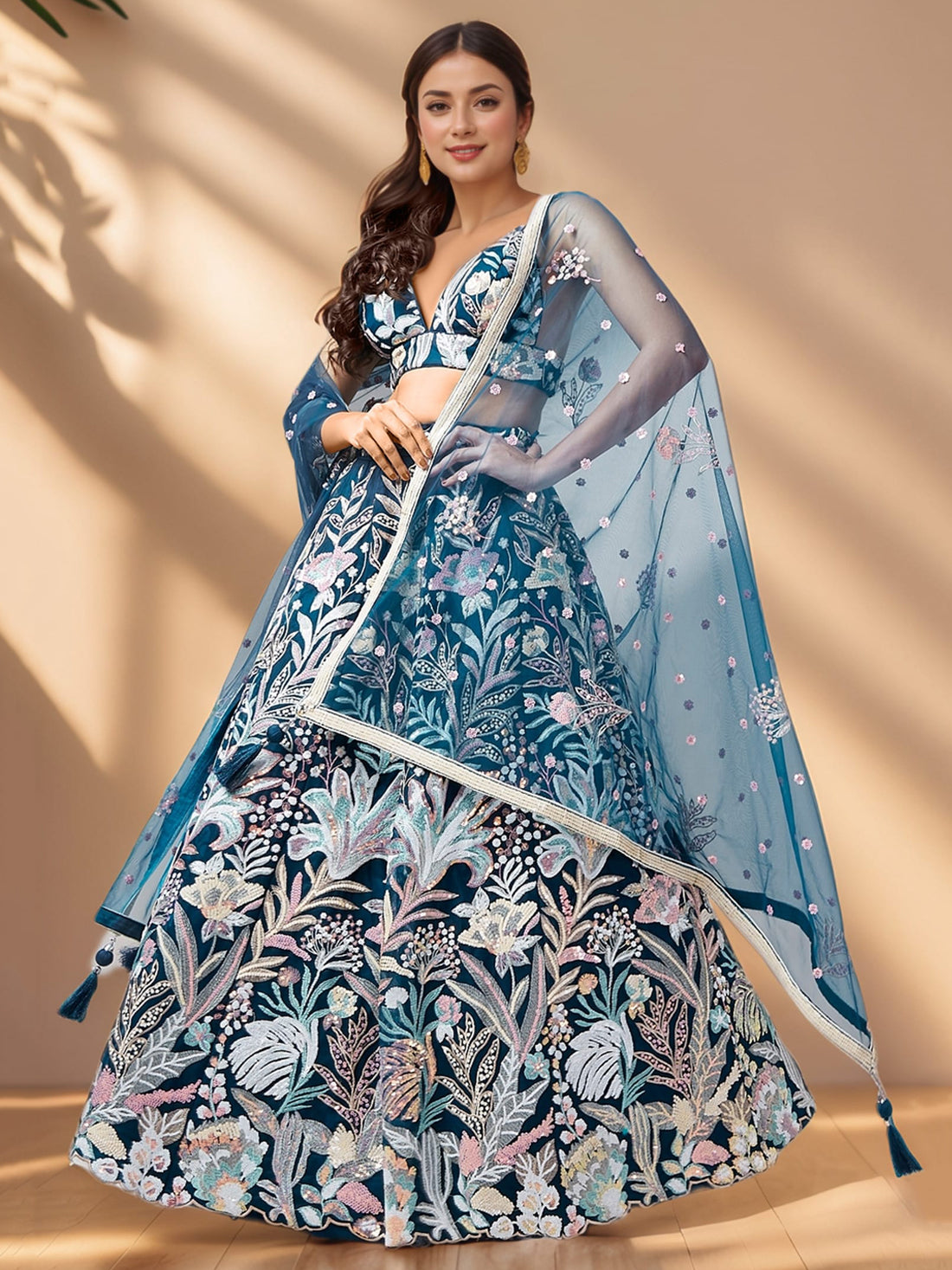 Amazing Teal Blue Sequins Net Engagement Wear Lehenga Choli With Dupatta