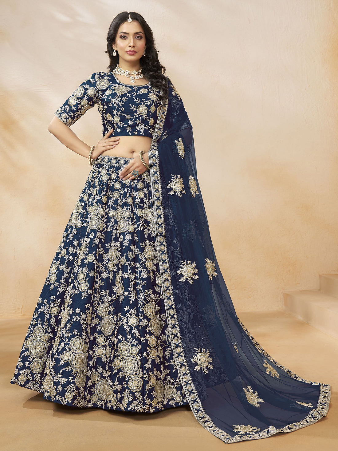 Aesthetic Navy Blue Dori Embroidered Silk Lehenga Choli With Dupatta