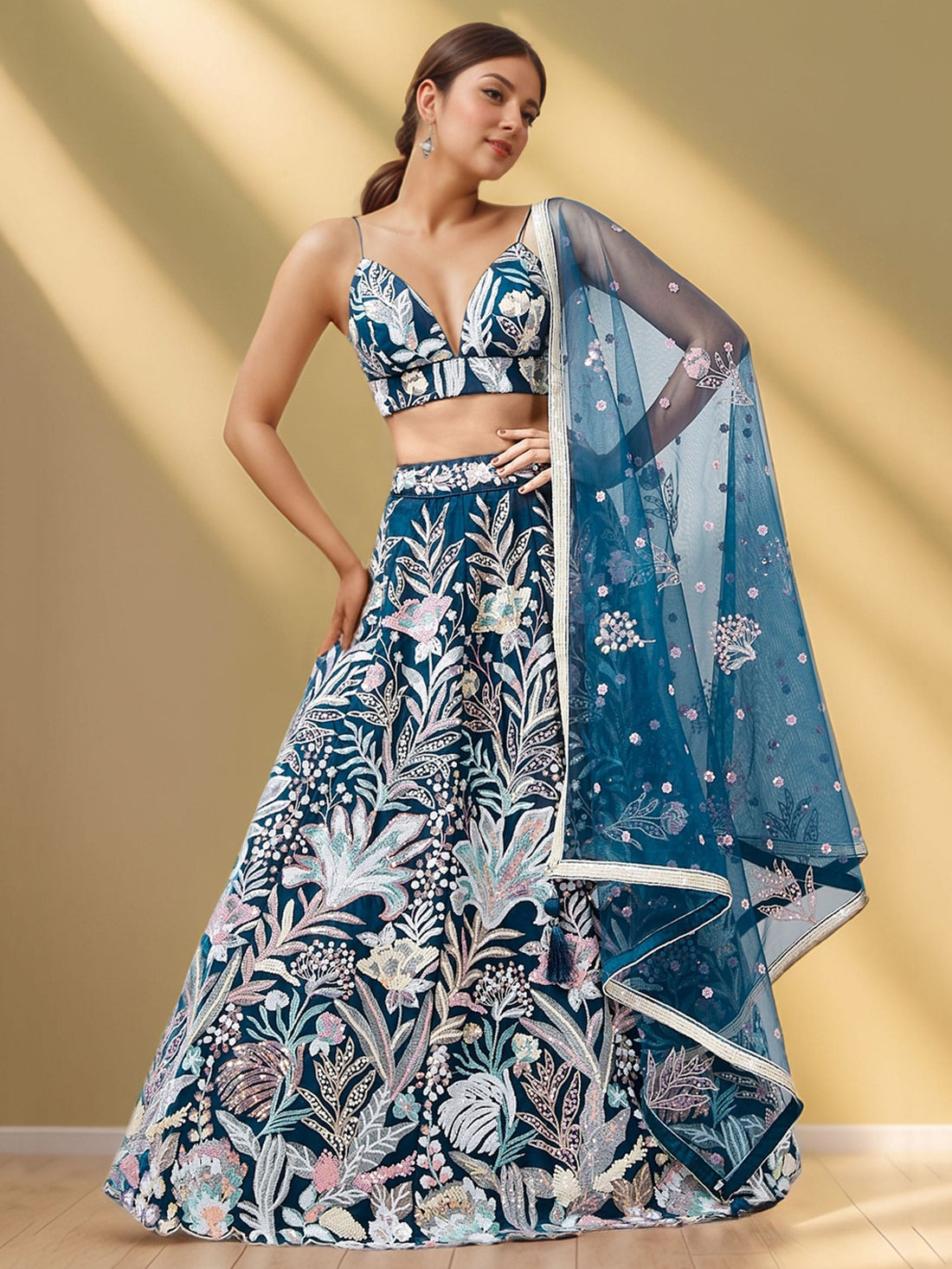Amazing Teal Blue Sequins Net Engagement Wear Lehenga Choli With Dupatta