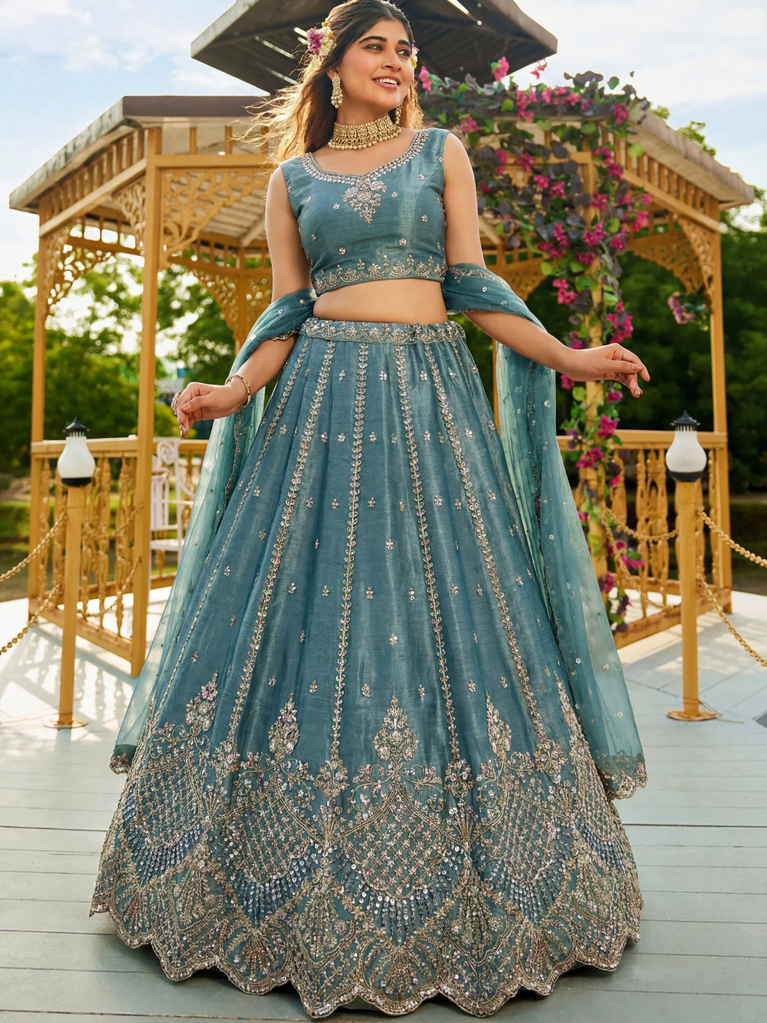 Fabulous Sky Blue Dori Embroidery Satin Wedding Wear Lehenga Choli