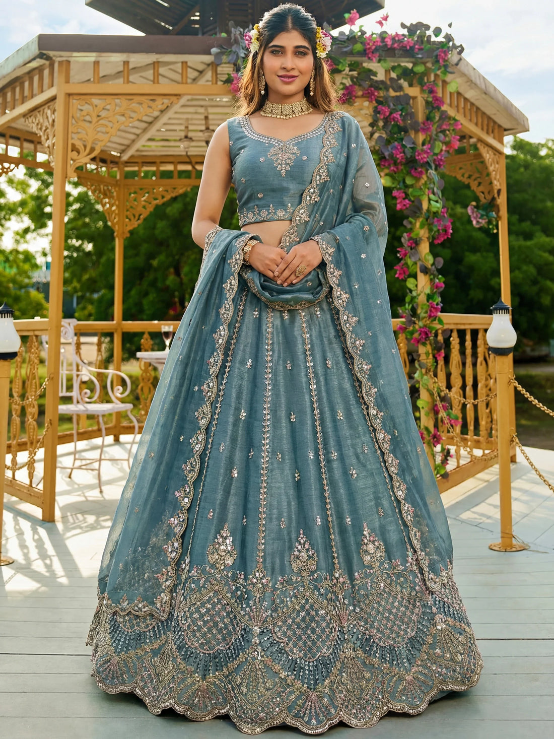 Fabulous Sky Blue Dori Embroidery Satin Wedding Wear Lehenga Choli