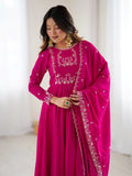 Alluring Hot Pink Bead Work Chanderi Silk Designer Anarkali Suit With Dupatta