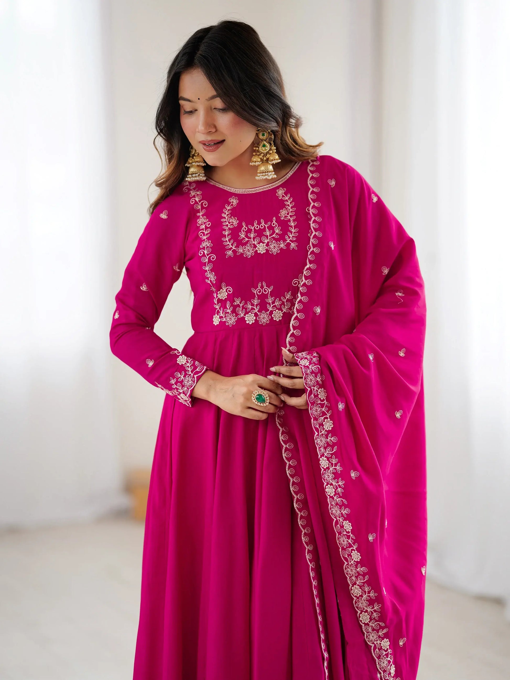 Alluring Hot Pink Bead Work Chanderi Silk Designer Anarkali Suit With Dupatta