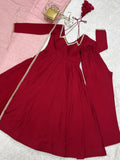 Excellent Red Roman Silk Event Wear Anarkali Gown With Lace Work Dupatta