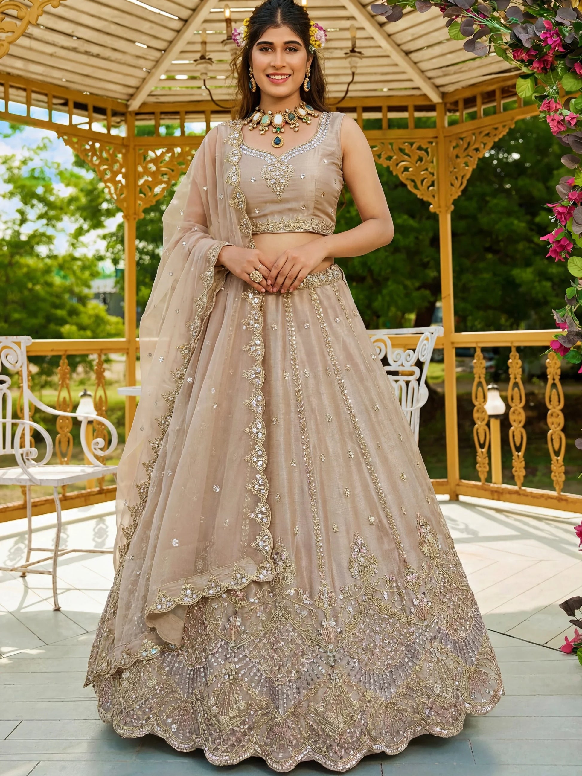Attractive Beige Dori Embroidery Satin Engagement Wear Lehenga Choli