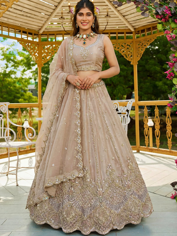 Attractive Beige Dori Embroidery Satin Engagement Wear Lehenga Choli