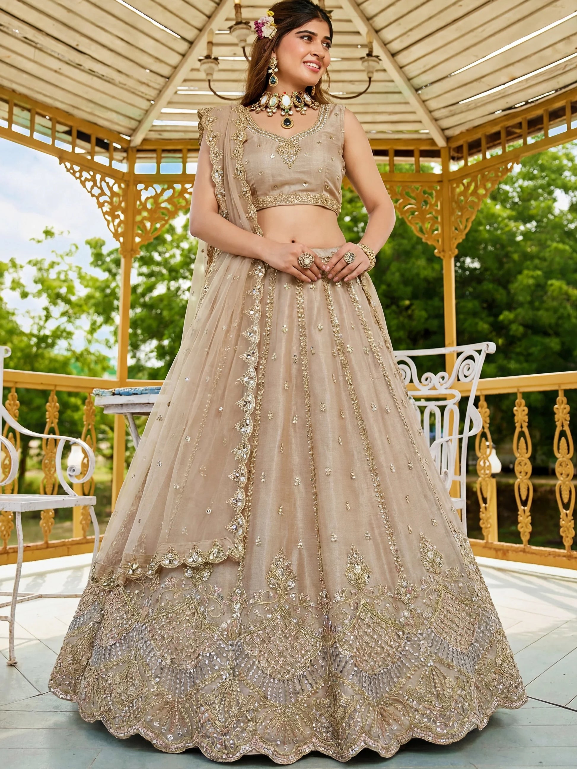 Attractive Beige Dori Embroidery Satin Engagement Wear Lehenga Choli