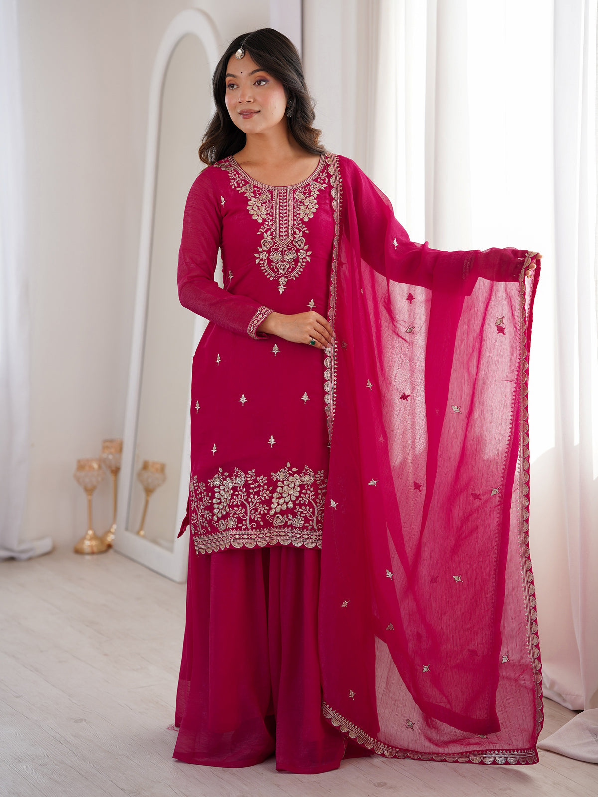 Gorgeous Rani Pink Embroidered Silk Wedding Wear Sharara Suit