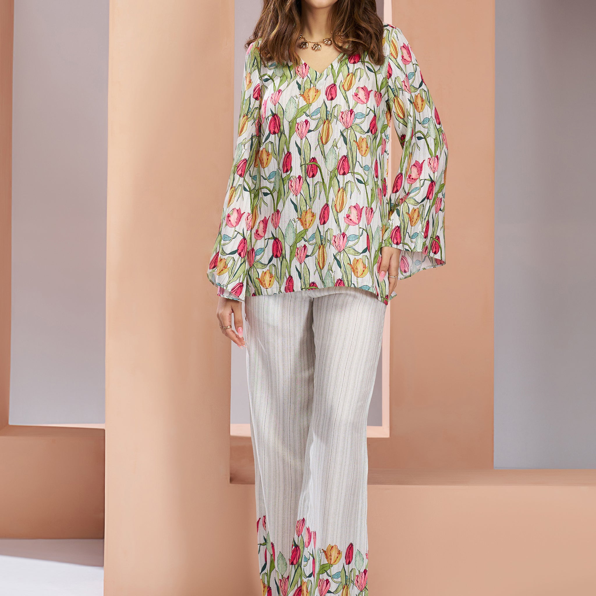 Stunning White Floral Printed Muslin Silk Office Wear Co-Ord Set