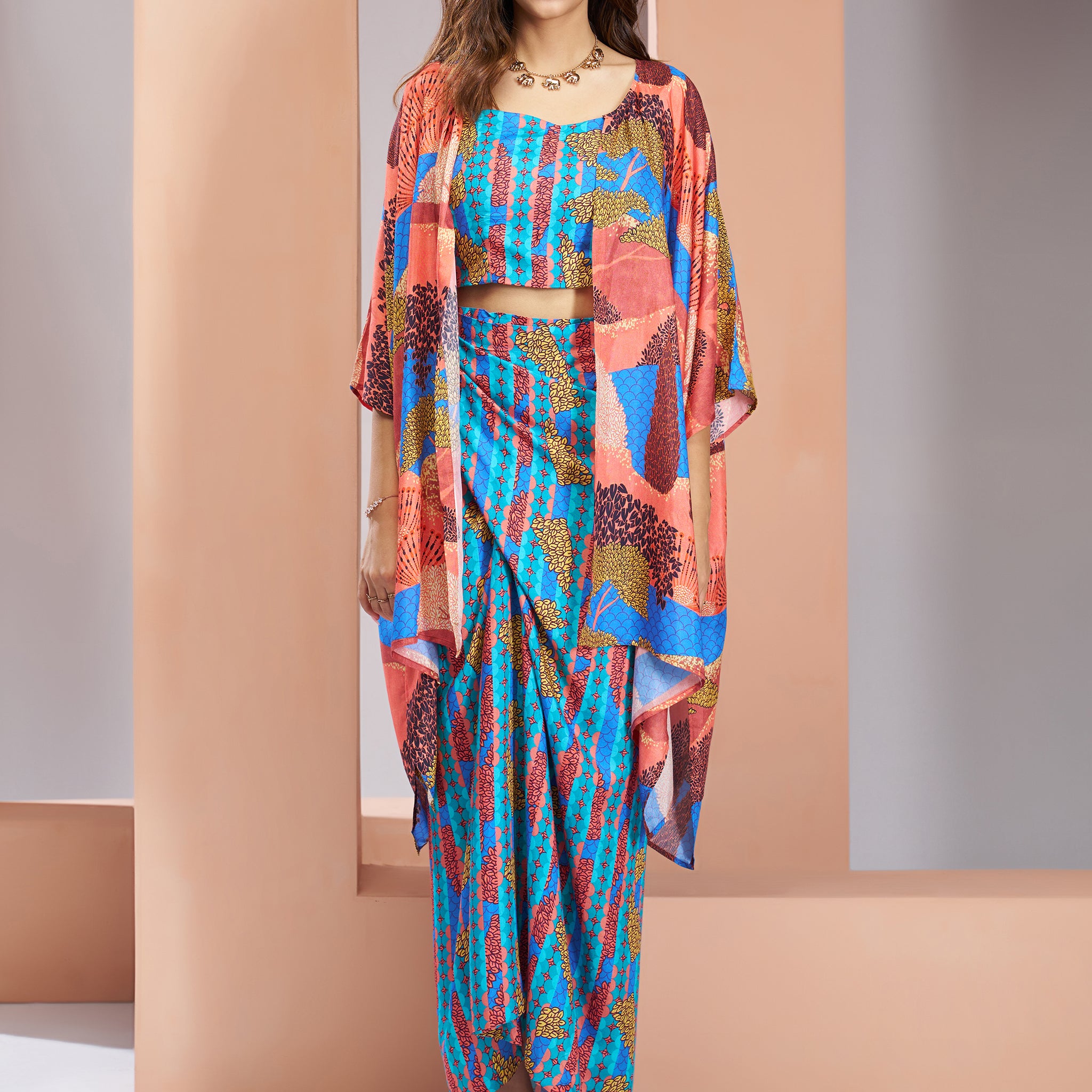Gorgeous Blue Printed Muslin Silk Party Wear Co-Ord Set With Shrug