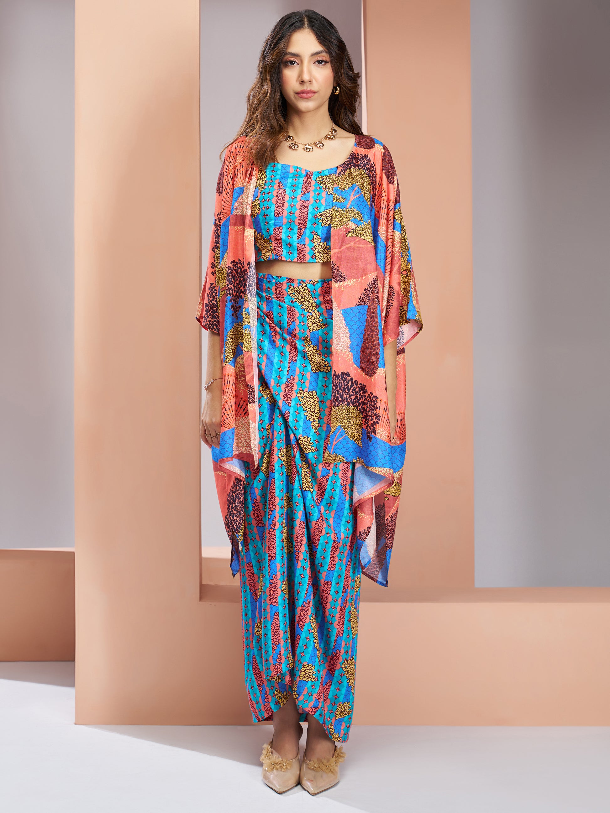 Gorgeous Blue Printed Muslin Silk Party Wear Co-Ord Set With Shrug