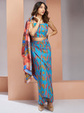 Gorgeous Blue Printed Muslin Silk Party Wear Co-Ord Set With Shrug