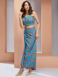 Gorgeous Blue Printed Muslin Silk Party Wear Co-Ord Set With Shrug