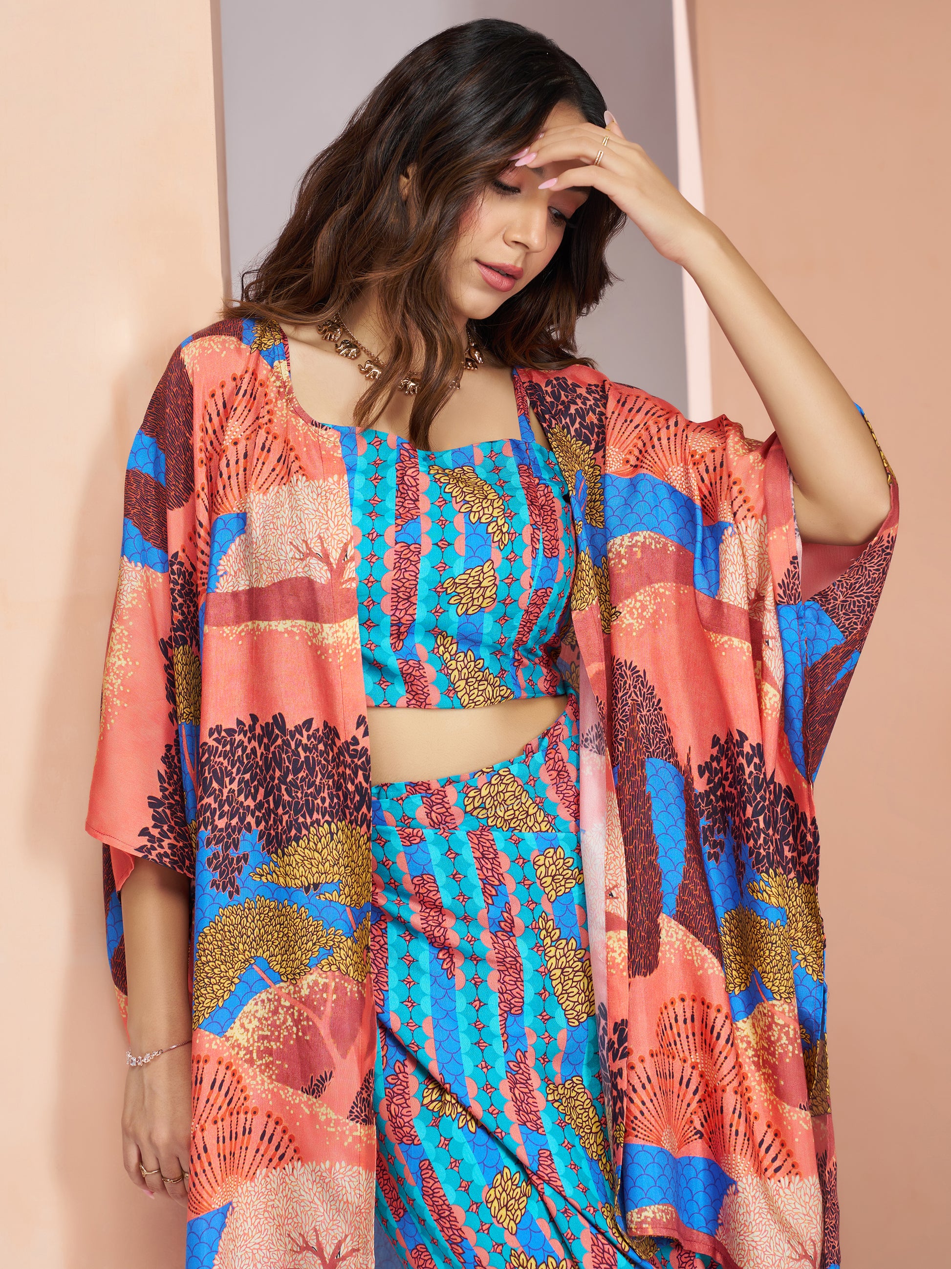 Gorgeous Blue Printed Muslin Silk Party Wear Co-Ord Set With Shrug