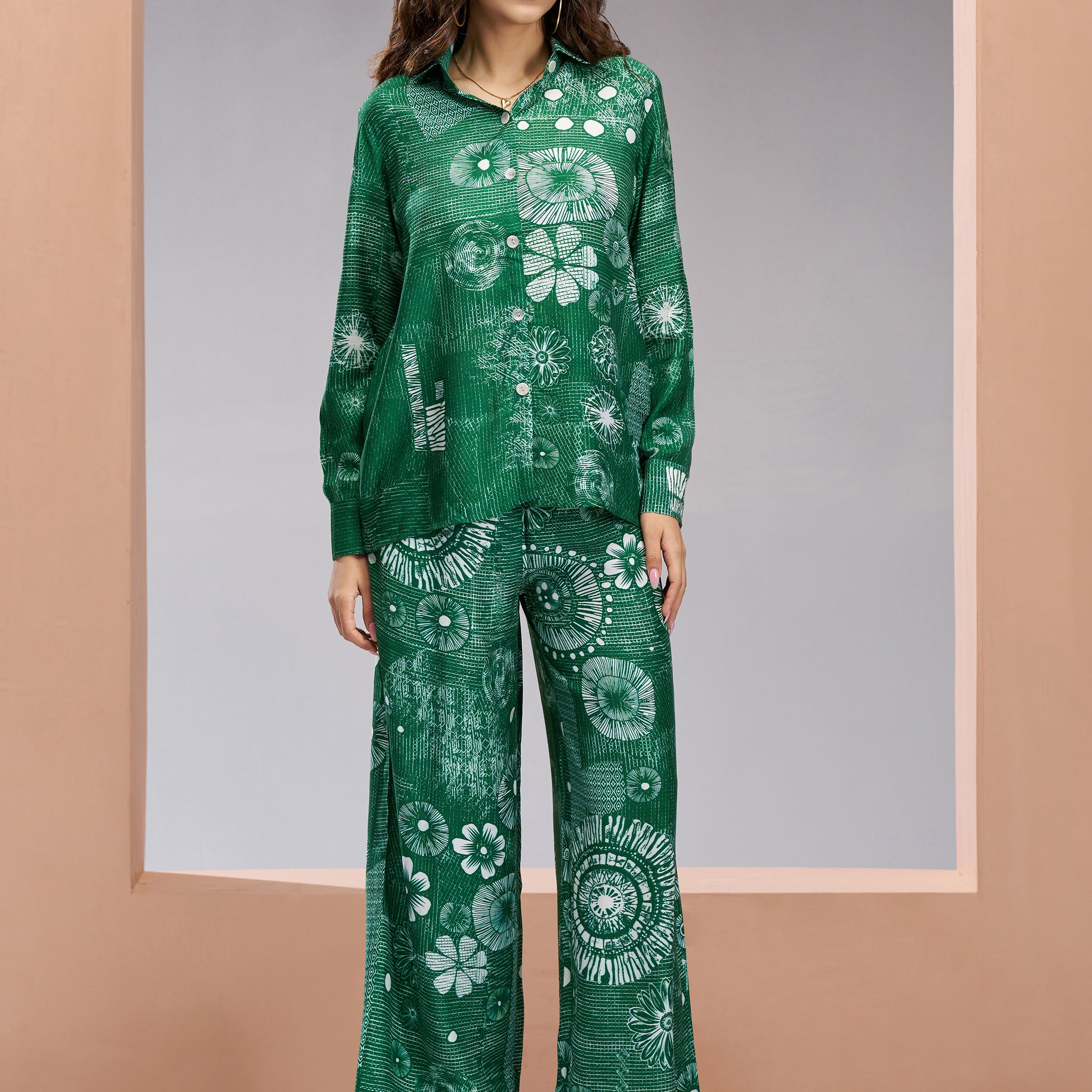 Marvelous Green Printed Muslin Silk Office Wear Co-Ord Set