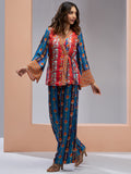 Charming Navy Blue Printed Muslin Silk Party Wear Co-Ord Set