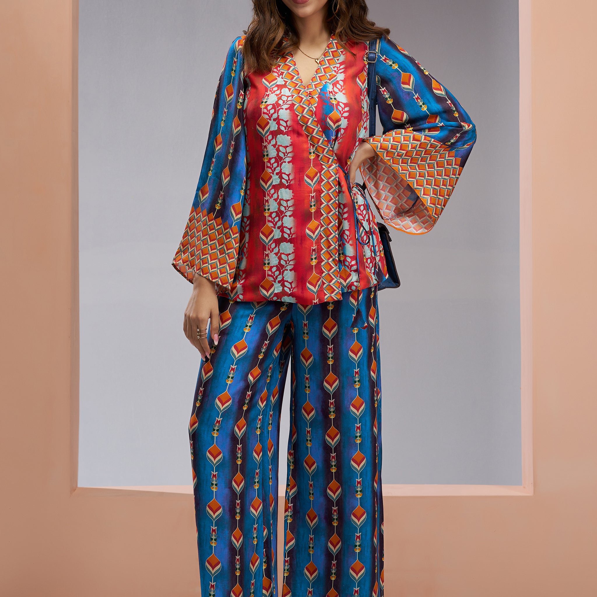 Charming Navy Blue Printed Muslin Silk Party Wear Co-Ord Set
