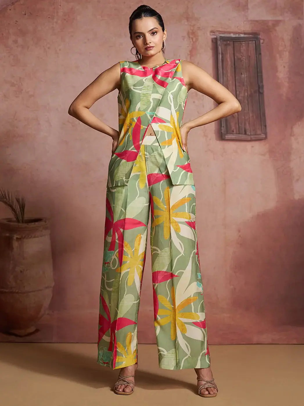 Terrific Green Printed Muslin Silk Evening Wear Co-Ord Suit
