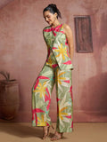 Terrific Green Printed Muslin Silk Evening Wear Co-Ord Suit