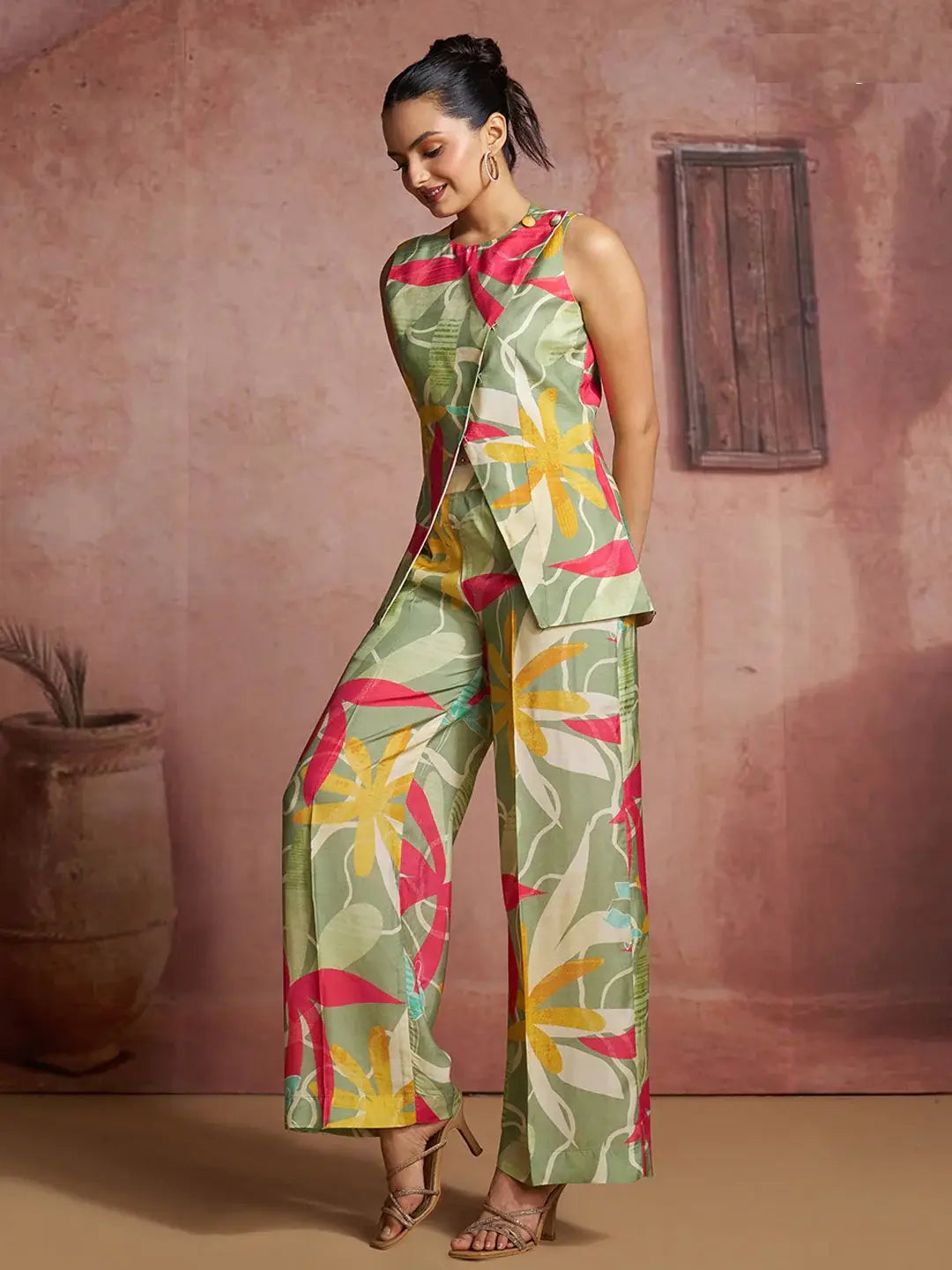 Terrific Green Printed Muslin Silk Evening Wear Co-Ord Suit