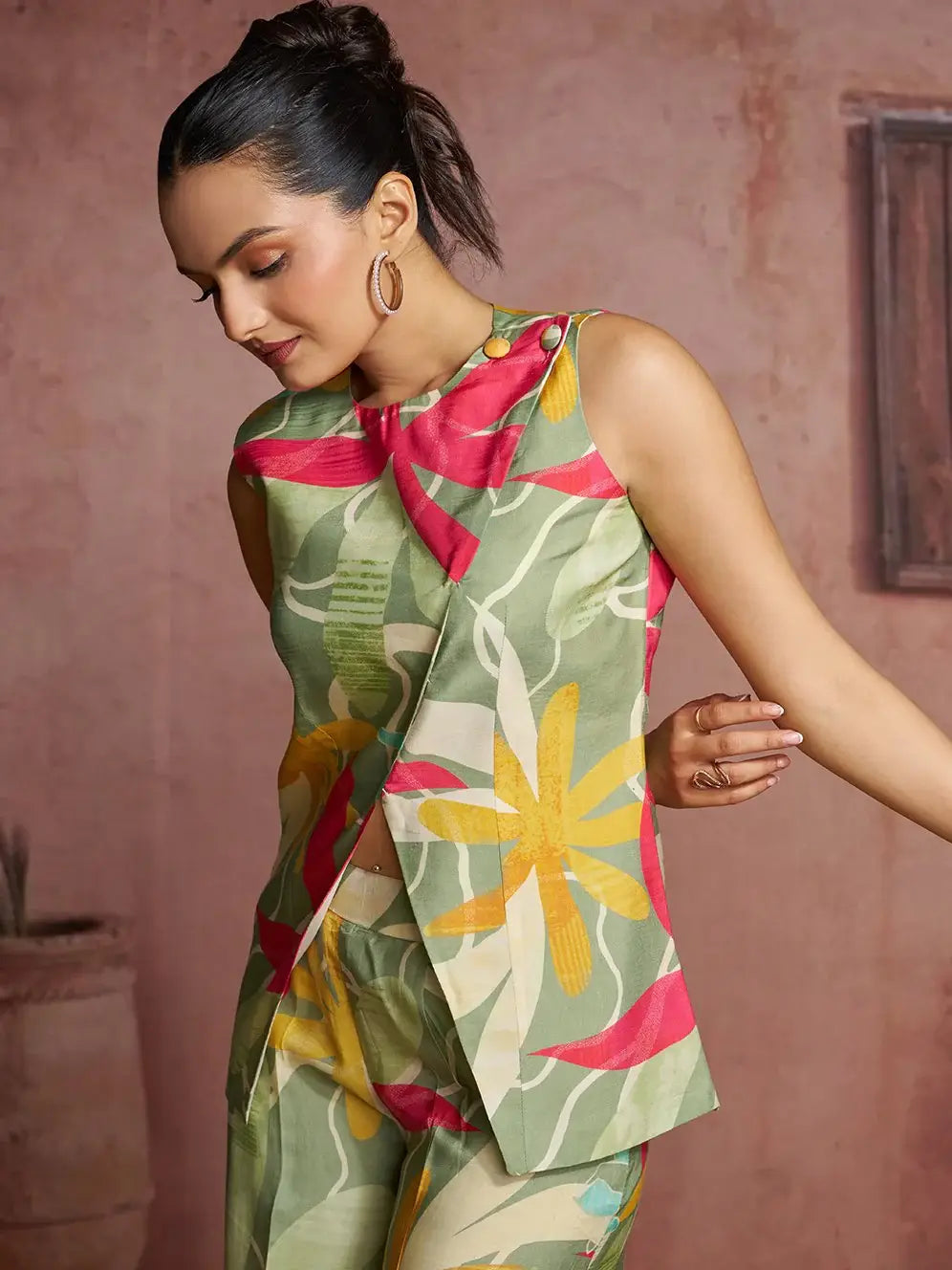 Terrific Green Printed Muslin Silk Evening Wear Co-Ord Suit