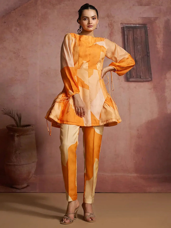 Stylish Orange Printed Muslin Silk Designer Peplum Co-Ord Set