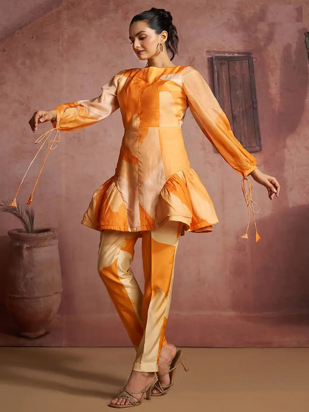 Stylish Orange Printed Muslin Silk Designer Peplum Co-Ord Set