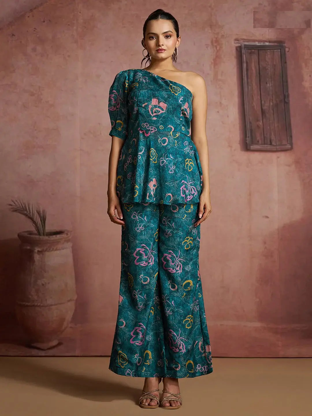 Superior Teal Blue Floral Printed Muslin Silk Cocktail Wear Peplum Co-Ord Set