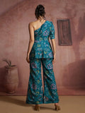 Superior Teal Blue Floral Printed Muslin Silk Cocktail Wear Peplum Co-Ord Set