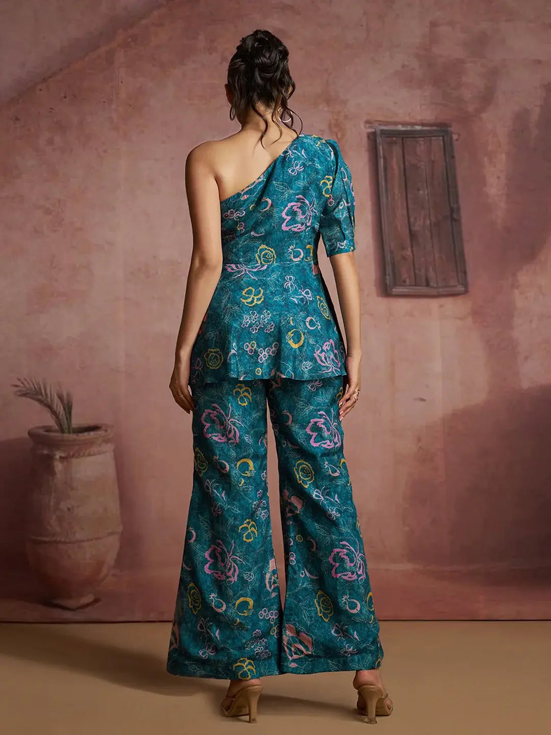 Superior Teal Blue Floral Printed Muslin Silk Cocktail Wear Peplum Co-Ord Set