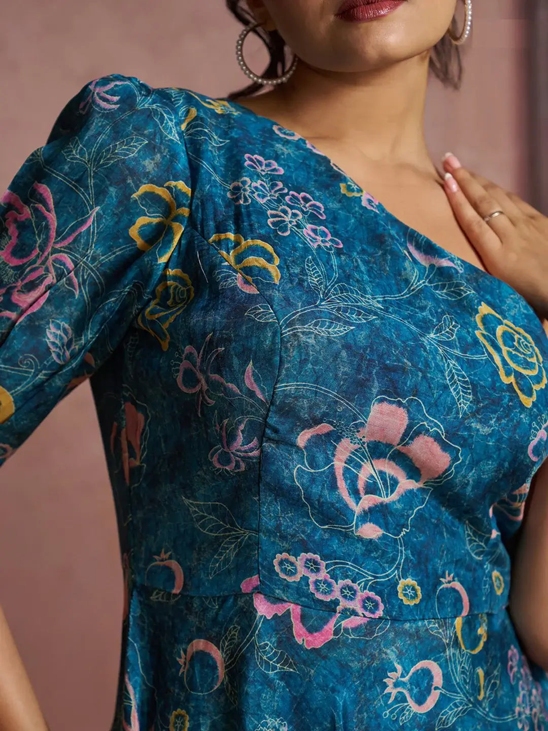 Superior Teal Blue Floral Printed Muslin Silk Cocktail Wear Peplum Co-Ord Set