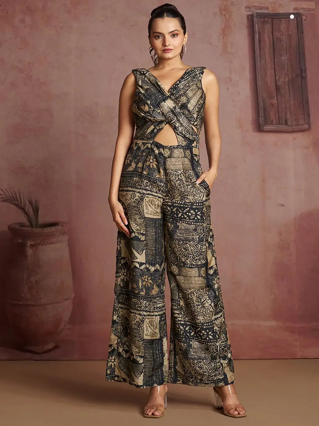 Amazing Black Digital Printed Muslin Silk Event Wear Jump Suit